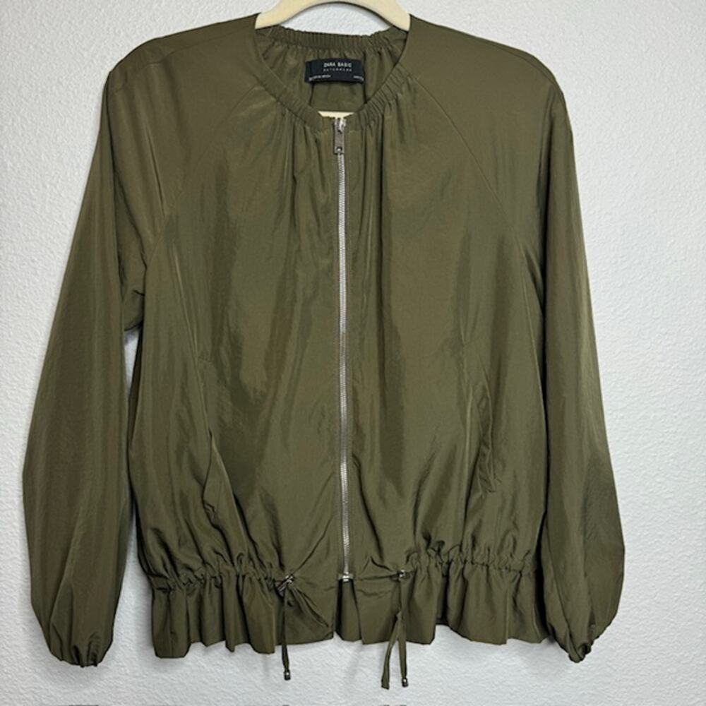 Zara Basic Drawstring Waist Bomber Jacket Lightweight XS Olive Green